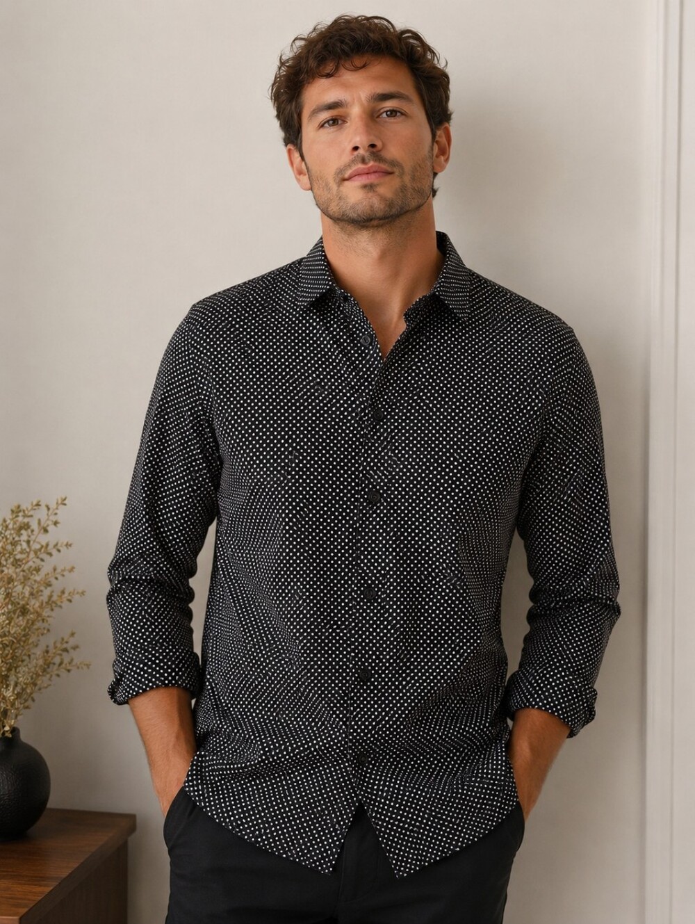 31H Men's Black & White Polka Dot Button-Up Shirt Slim Fit Size Medium